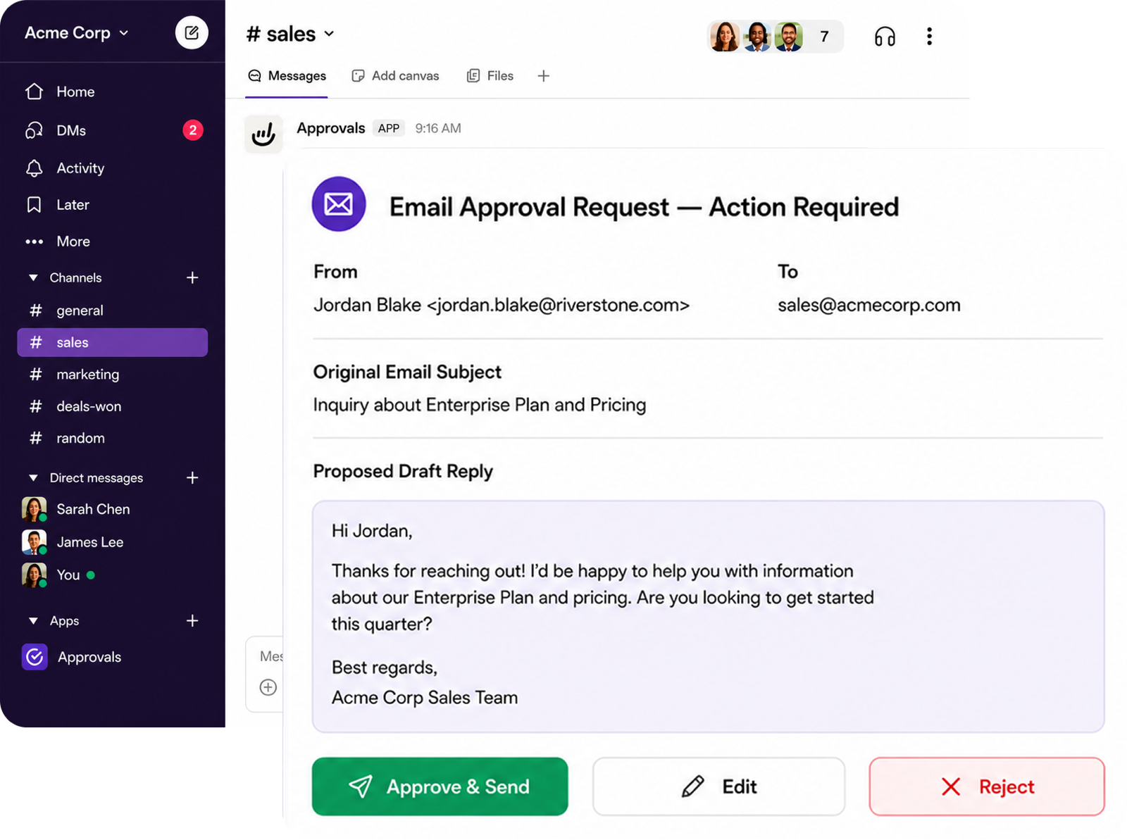 TAPI approval request inside Slack